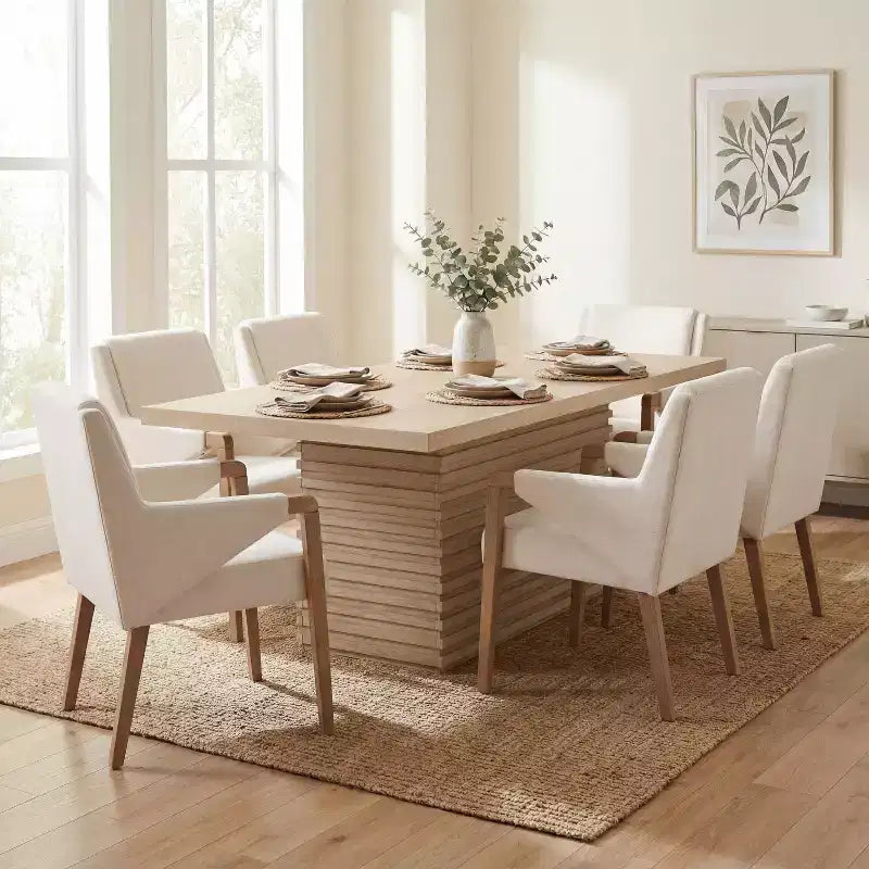 Christopher Knight Home Lindiwe, set da pranzo moderno da 7 pezzi in legno di Hevea con rivestimento in lino e tavolo rettangolare