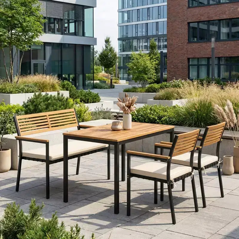 Gymax Set Mobili da Giardino 4 Pezzi con Tavolo in Legno di Acacia e Foro per Ombrellone 2 Sedie Impilabili Panca Comodi Cuscini