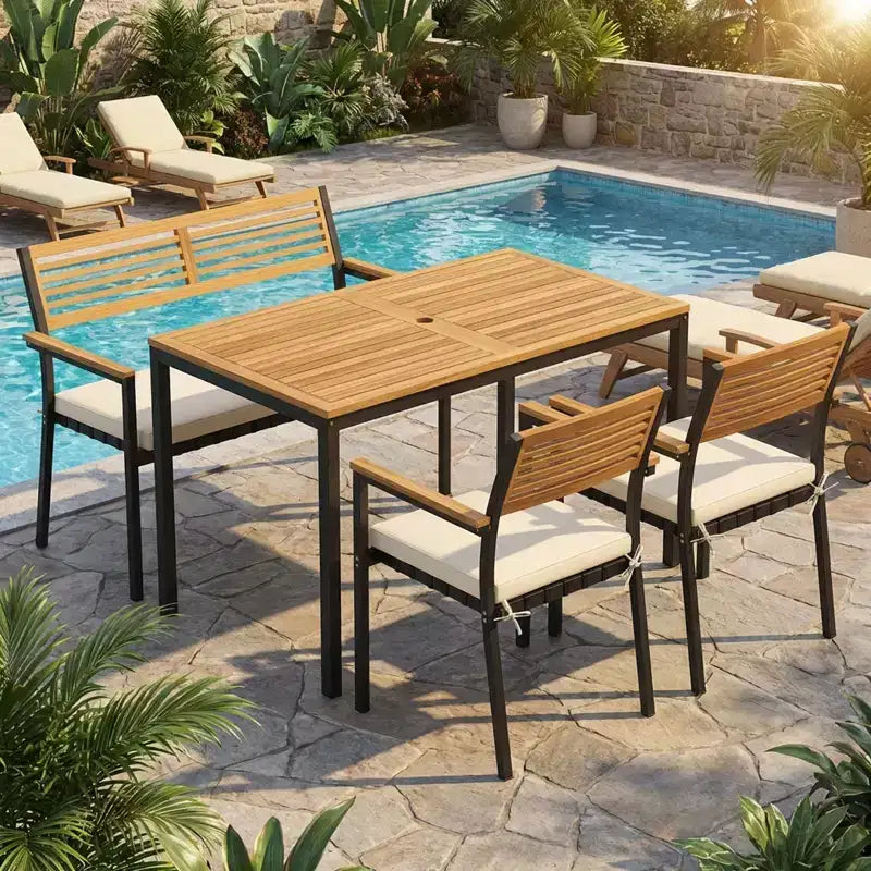 Gymax Set Mobili da Giardino 4 Pezzi con Tavolo in Legno di Acacia e Foro per Ombrellone 2 Sedie Impilabili Panca Comodi Cuscini