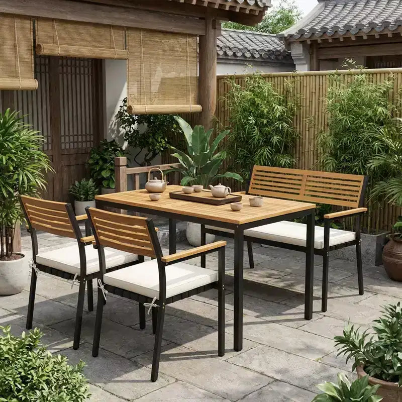 Gymax Set Mobili da Giardino 4 Pezzi con Tavolo in Legno di Acacia e Foro per Ombrellone 2 Sedie Impilabili Panca Comodi Cuscini