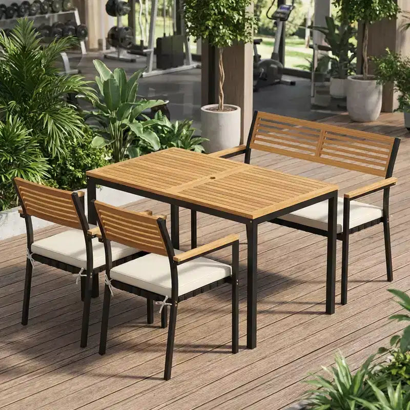 Gymax Set Mobili da Giardino 4 Pezzi con Tavolo in Legno di Acacia e Foro per Ombrellone 2 Sedie Impilabili Panca Comodi Cuscini