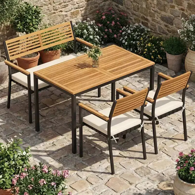 Gymax Set Mobili da Giardino 4 Pezzi con Tavolo in Legno di Acacia e Foro per Ombrellone 2 Sedie Impilabili Panca Comodi Cuscini