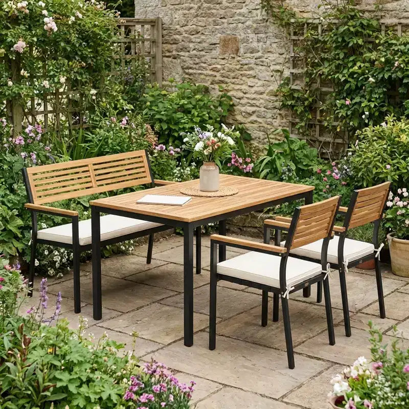 Gymax Set Mobili da Giardino 4 Pezzi con Tavolo in Legno di Acacia e Foro per Ombrellone 2 Sedie Impilabili Panca Comodi Cuscini