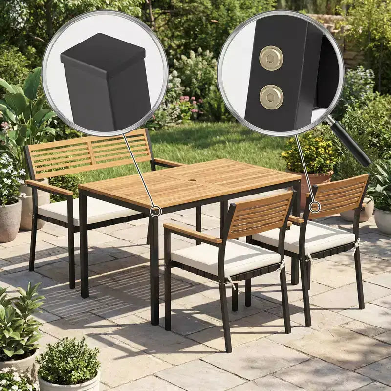 Gymax Set Mobili da Giardino 4 Pezzi con Tavolo in Legno di Acacia e Foro per Ombrellone 2 Sedie Impilabili Panca Comodi Cuscini