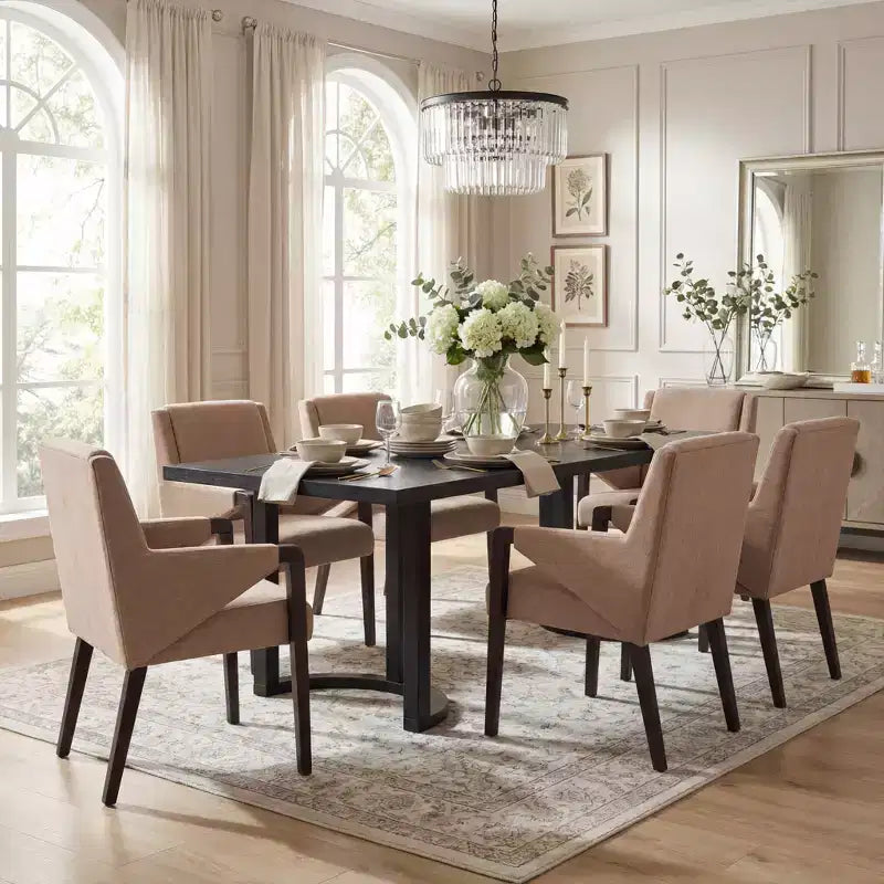 Set da pranzo moderno Christopher Knight Home Harish in 7 pezzi, con tavolo rettangolare e sedie imbottite in lino e legno di gomma