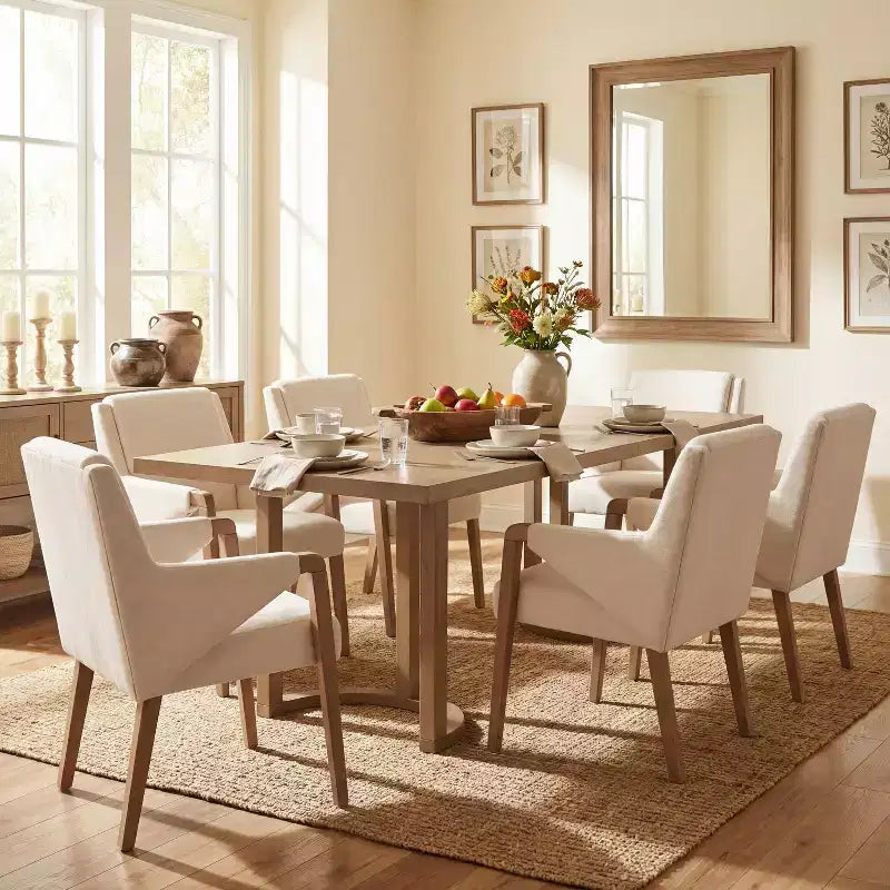 Set da pranzo moderno Christopher Knight Home Harish in 7 pezzi, con tavolo rettangolare e sedie imbottite in lino e legno di gomma