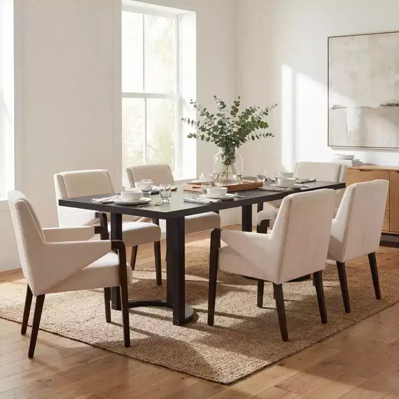 Set da pranzo moderno Christopher Knight Home Harish in 7 pezzi, con tavolo rettangolare e sedie imbottite in lino e legno di gomma