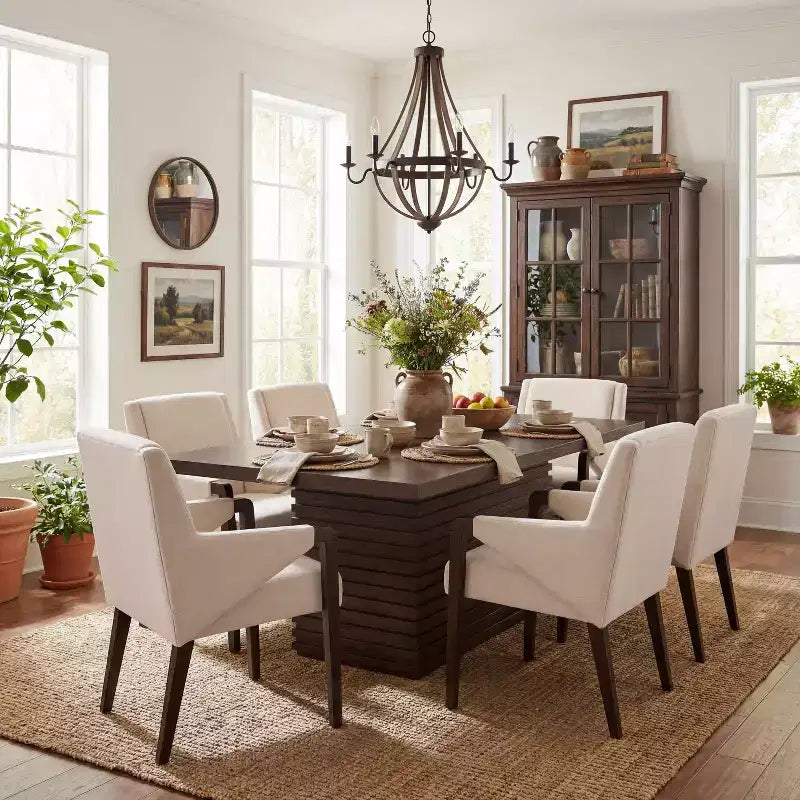 Christopher Knight Home Selena 7 Piece Mid-Century Modern Upholstered Dining Chairs with Rectangle Table