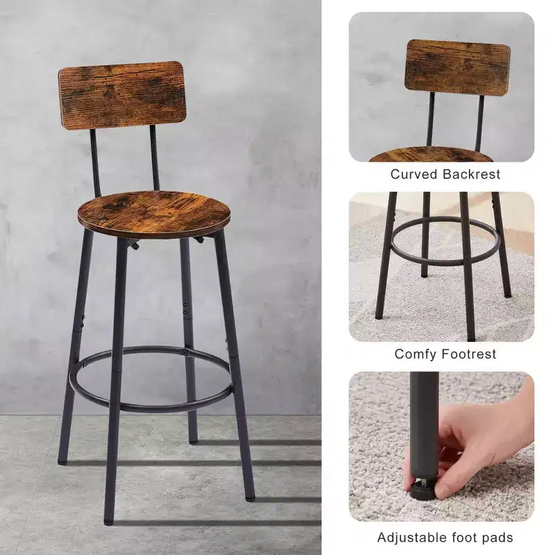Set di Sgabelli da Bar Rotondi con Ripiani, Sgabelli Rustici con Schienale per Bar di Casa e Cucina