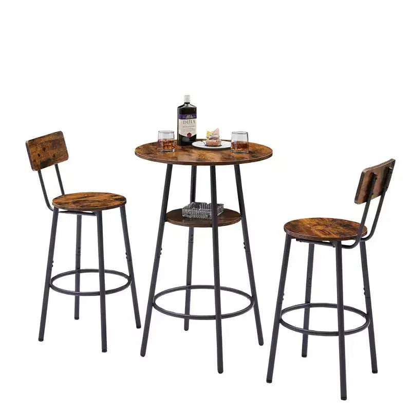 Set di Sgabelli da Bar Rotondi con Ripiani, Sgabelli Rustici con Schienale per Bar di Casa e Cucina