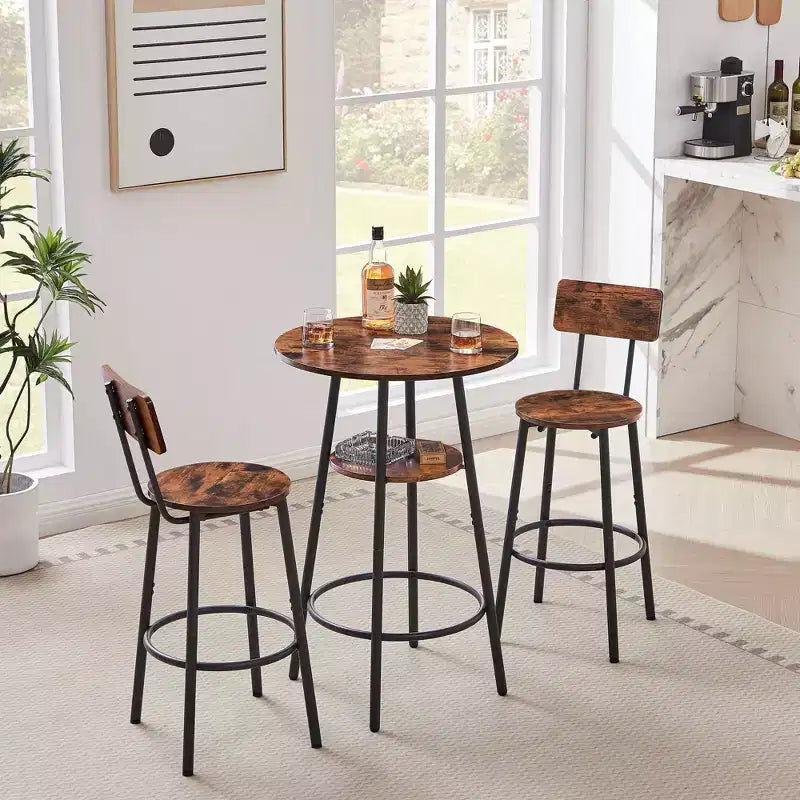 Set di Sgabelli da Bar Rotondi con Ripiani, Sgabelli Rustici con Schienale per Bar di Casa e Cucina