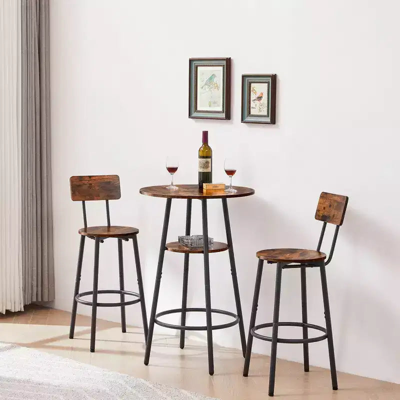 Set di Sgabelli da Bar Rotondi con Ripiani, Sgabelli Rustici con Schienale per Bar di Casa e Cucina