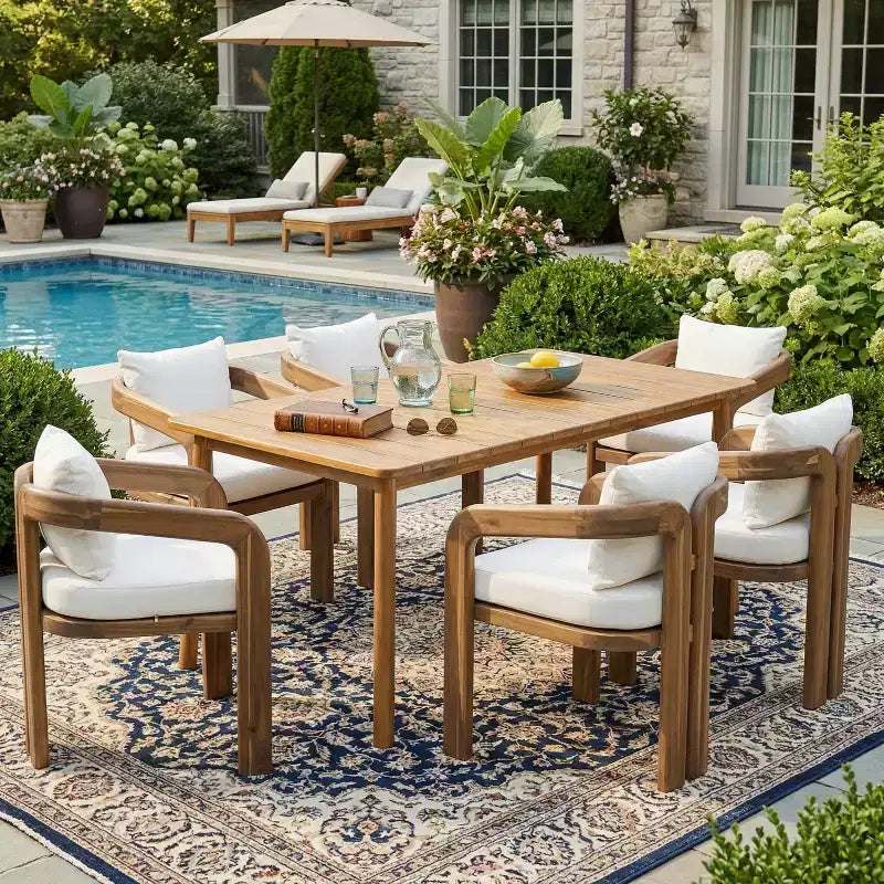 Christopher Knight Home Kesden, set da pranzo rustico per esterni in 7 pezzi, in legno di acacia, con sedie con schienale curvo