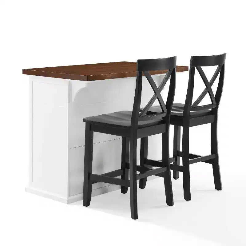 Isola da cucina Bartlett da 42" con piano in legno e sgabelli con schienale a X bianco/nero: stile rustico, ripiani regolabili