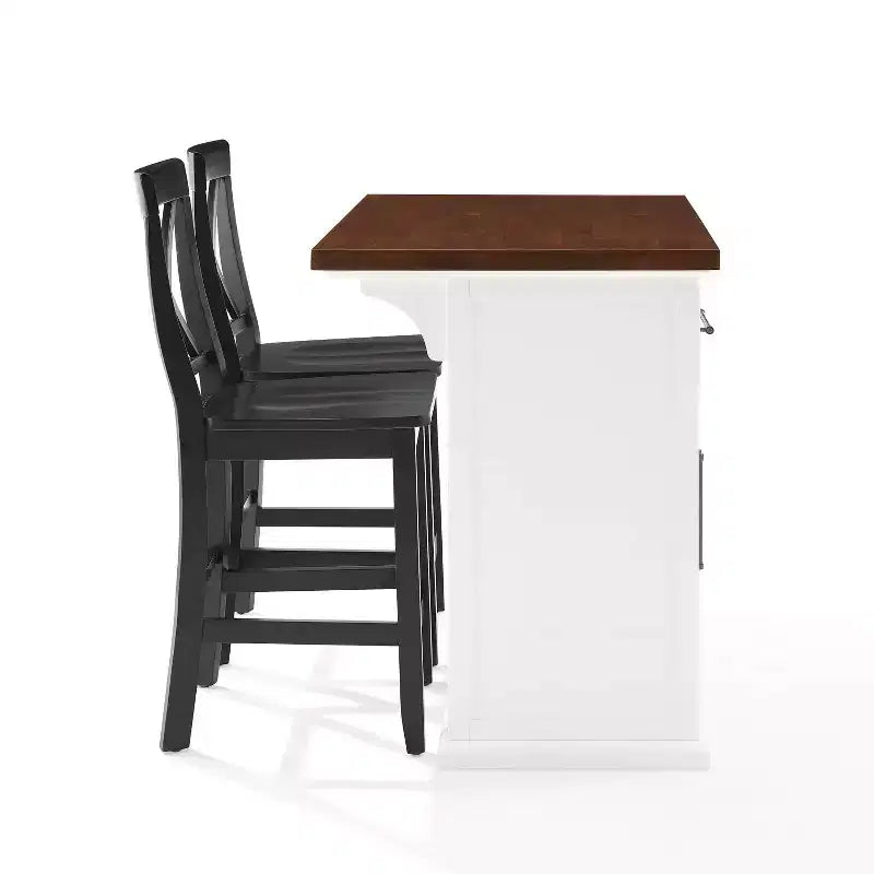 Isola da cucina Bartlett da 42" con piano in legno e sgabelli con schienale a X bianco/nero: stile rustico, ripiani regolabili
