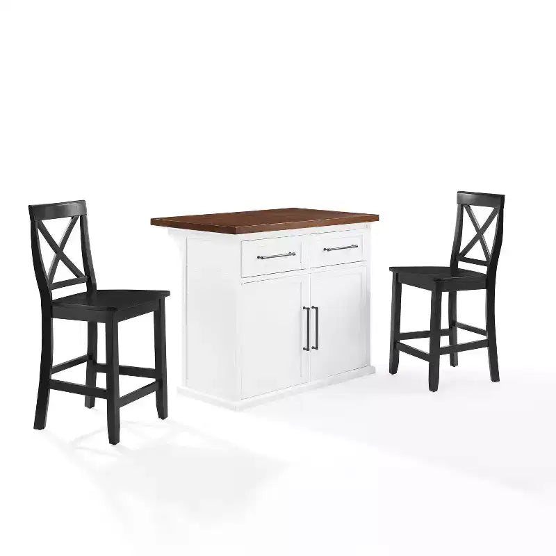 Crosley 42" Bartlett Wood Top Kitchen Island with X-Back Stools White/Black: Farmhouse Style, Adjustable Shelves