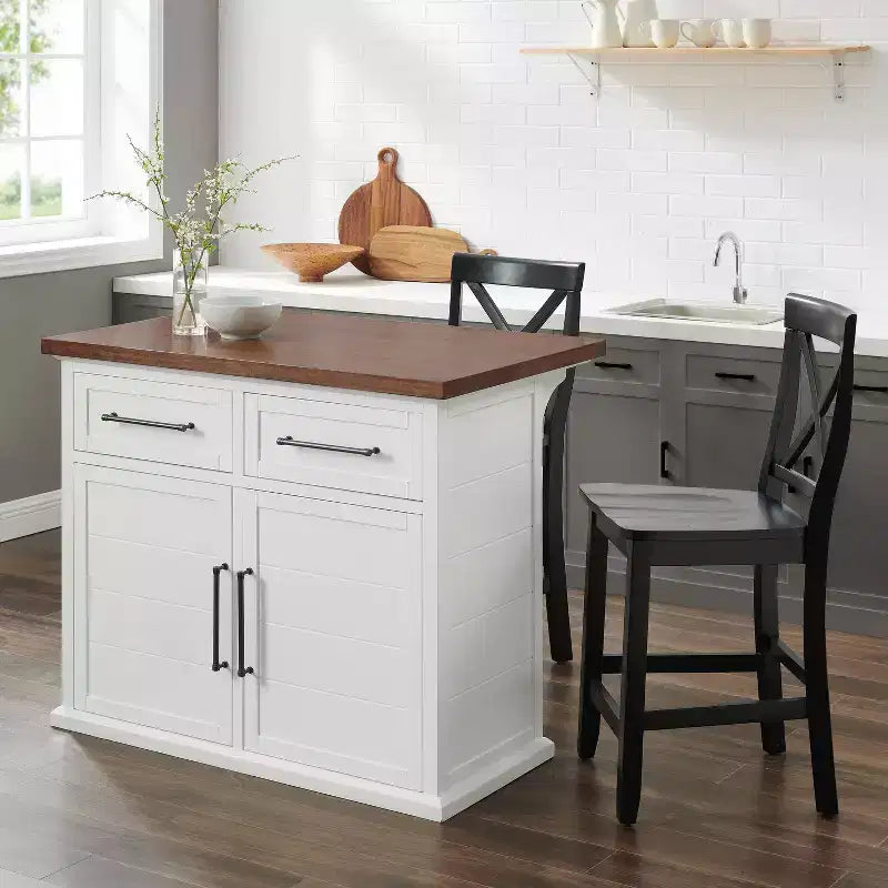 Isola da cucina Bartlett da 42" con piano in legno e sgabelli con schienale a X bianco/nero: stile rustico, ripiani regolabili