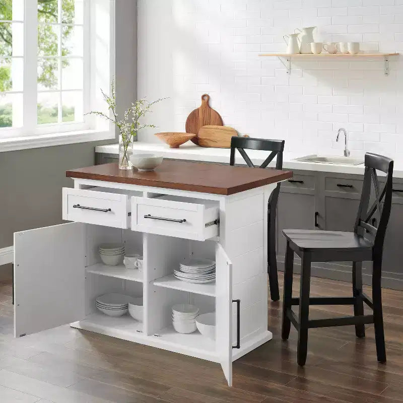 Isola da cucina Bartlett da 42" con piano in legno e sgabelli con schienale a X bianco/nero: stile rustico, ripiani regolabili