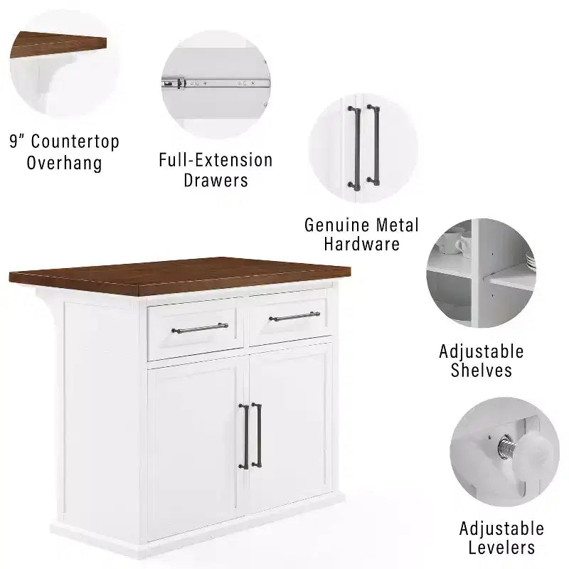 Isola da cucina Bartlett da 42" con piano in legno e sgabelli con schienale a X bianco/nero: stile rustico, ripiani regolabili