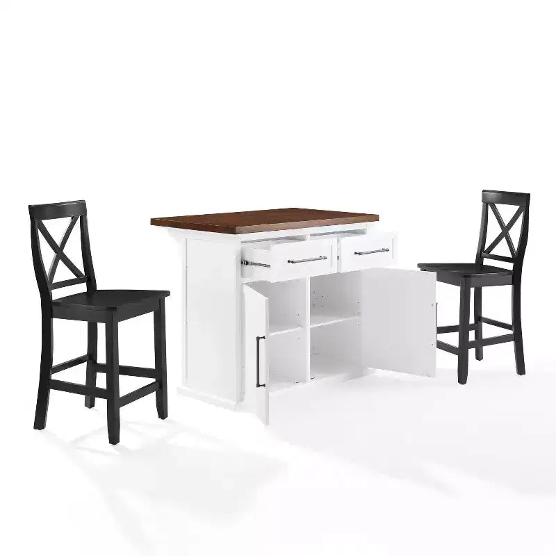 Isola da cucina Bartlett da 42" con piano in legno e sgabelli con schienale a X bianco/nero: stile rustico, ripiani regolabili