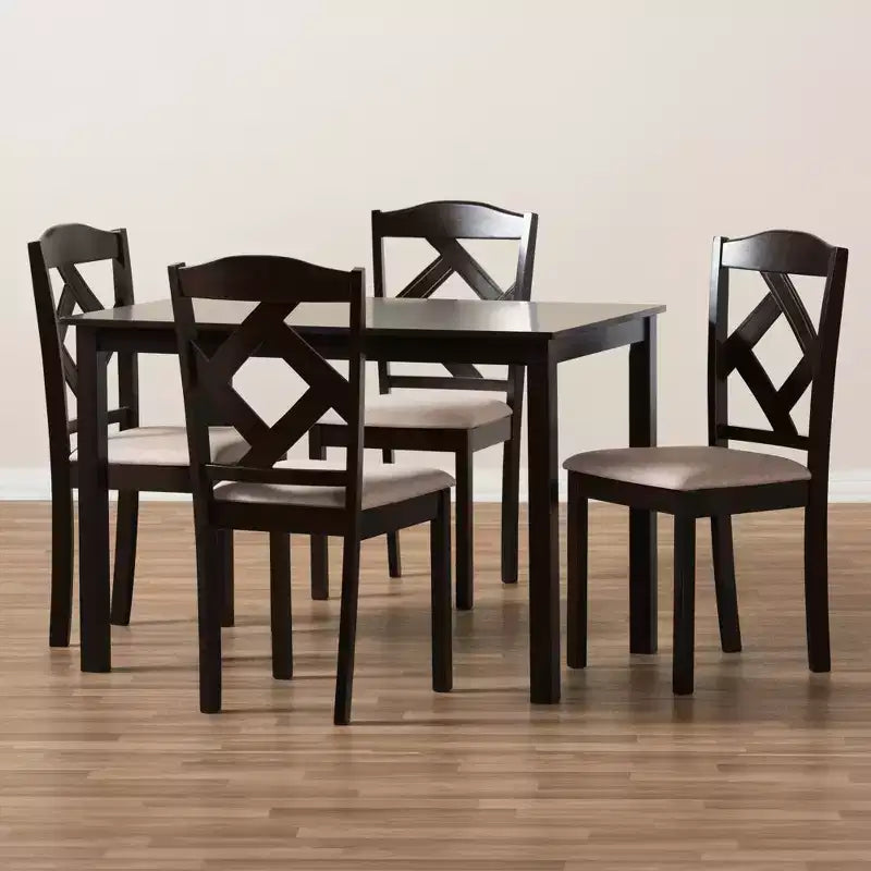 Set da pranzo moderno e contemporaneo Ruth in tessuto imbottito e rifinito, 5 pezzi, marrone scuro/beige - Baxton Studio: tavolo rettangolare, sedie in poliestere