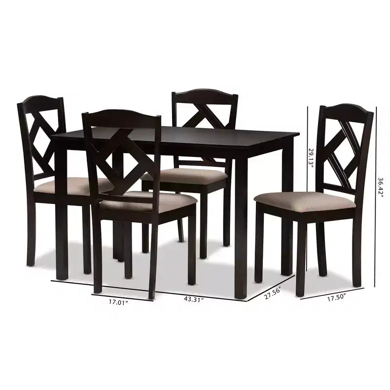 Set da pranzo moderno e contemporaneo Ruth in tessuto imbottito e rifinito, 5 pezzi, marrone scuro/beige - Baxton Studio: tavolo rettangolare, sedie in poliestere