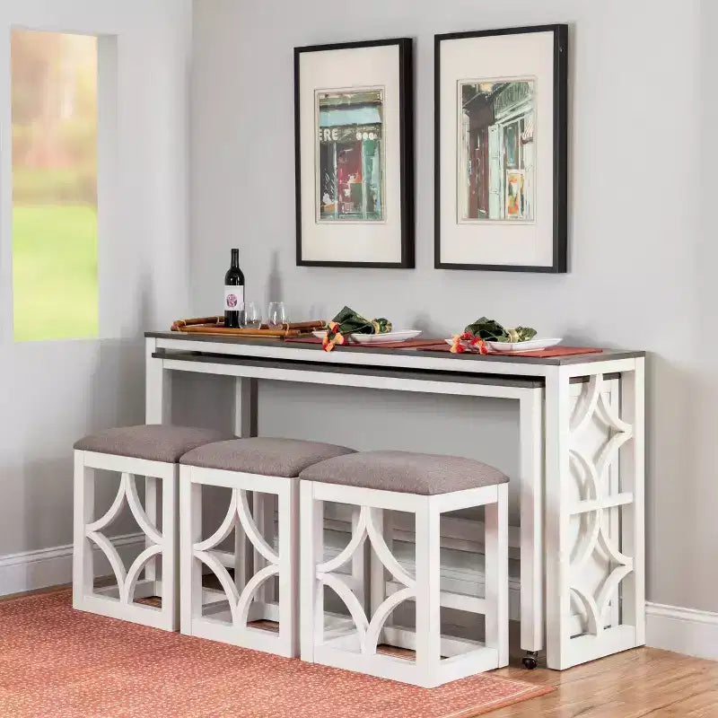 Powell Adams Set da Pranzo Consolle Pieghevole in Legno Massello con 3 Sgabelli Imbottiti con Seduta Beige Bianco: Tavolo Rettangolare, Nido, Non Allungabile