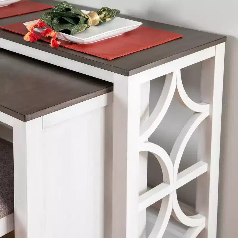 Powell Adams Set da Pranzo Consolle Pieghevole in Legno Massello con 3 Sgabelli Imbottiti con Seduta Beige Bianco: Tavolo Rettangolare, Nido, Non Allungabile