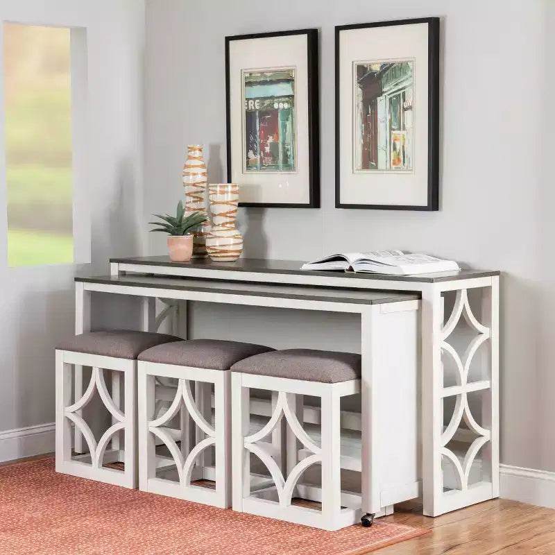 Powell Adams Set da Pranzo Consolle Pieghevole in Legno Massello con 3 Sgabelli Imbottiti con Seduta Beige Bianco: Tavolo Rettangolare, Nido, Non Allungabile
