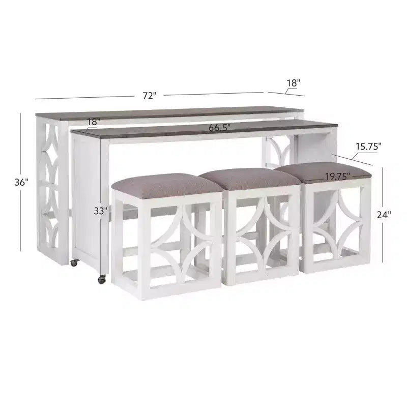 Powell Adams Set da Pranzo Consolle Pieghevole in Legno Massello con 3 Sgabelli Imbottiti con Seduta Beige Bianco: Tavolo Rettangolare, Nido, Non Allungabile