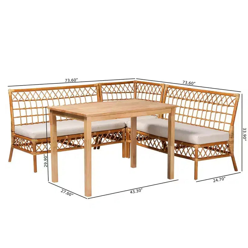 bali & pari Set angolo pranzo 4 pezzi Aina in Rattan Bianco/Miele Chiaro/Marrone Quercia: Stile Bohemien, Sedile Imbottito, Struttura in Legno di Gomma