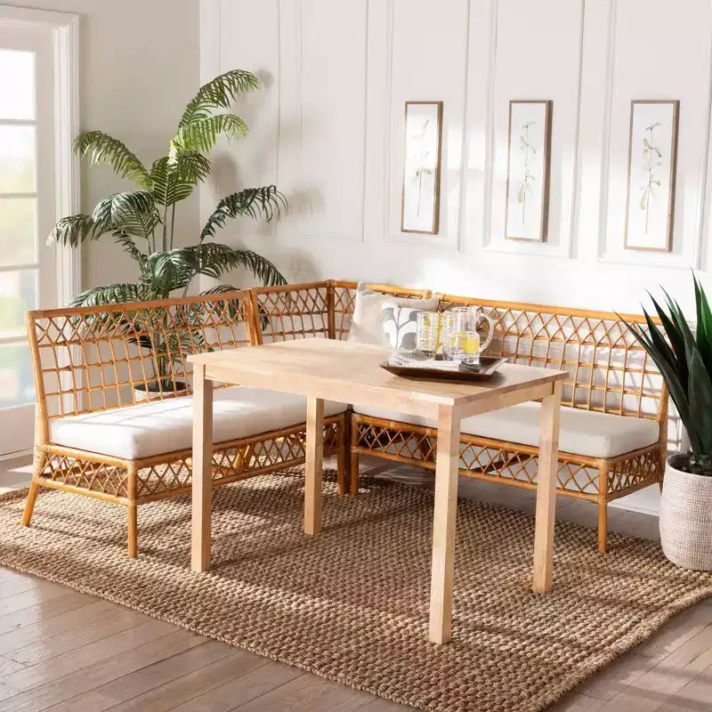 bali & pari Set angolo pranzo 4 pezzi Aina in Rattan Bianco/Miele Chiaro/Marrone Quercia: Stile Bohemien, Sedile Imbottito, Struttura in Legno di Gomma