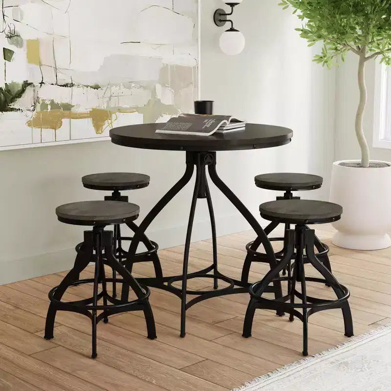 Set da pranzo Powell Tormo da 5 pezzi con sgabelli da bar regolabili rotondi altezza bancone grigio