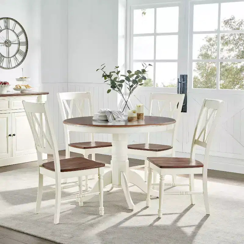 Set da pranzo Shelby rotondo 5 pezzi con 4 sedie bianco anticato - Crosley: piedistallo classico, stile rustico