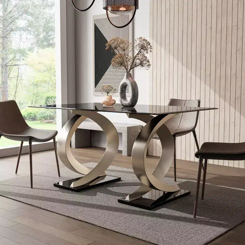 Tavolo da pranzo rettangolare moderno Gleneagles con piano in vetro da 58" - : Bordo smussato, doppio piedistallo