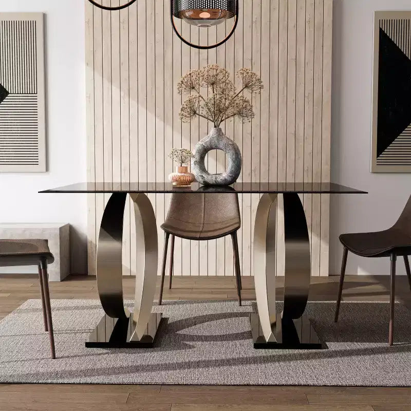Tavolo da pranzo rettangolare moderno Gleneagles con piano in vetro da 58" - : Bordo smussato, doppio piedistallo
