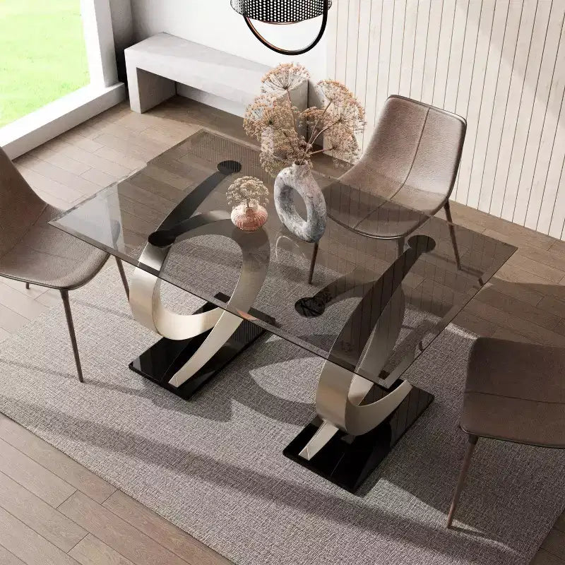 Tavolo da pranzo rettangolare moderno Gleneagles con piano in vetro da 58" - : Bordo smussato, doppio piedistallo