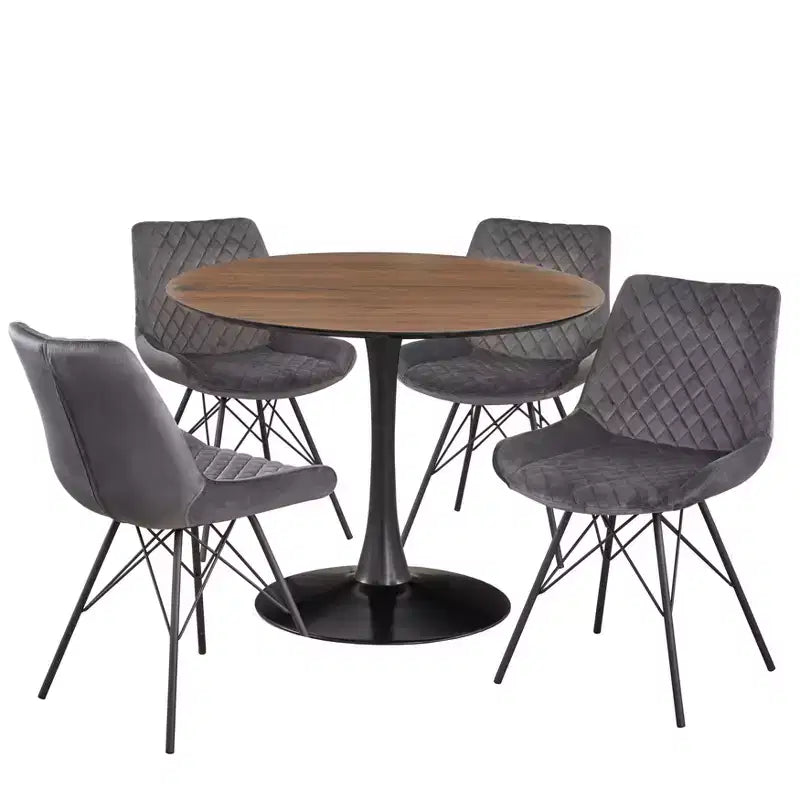 angelo:HOME 5pc Kavitt Dining Set Walnut: Modern Upholstered Chairs, Metal Frame, Pedestal Table