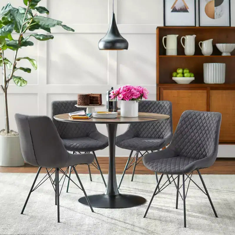 angelo:SET DA PRANZO 5pz Kavitt Noce: Sedie Moderne Imbottite, Struttura in Metallo, Tavolo con Piedistallo