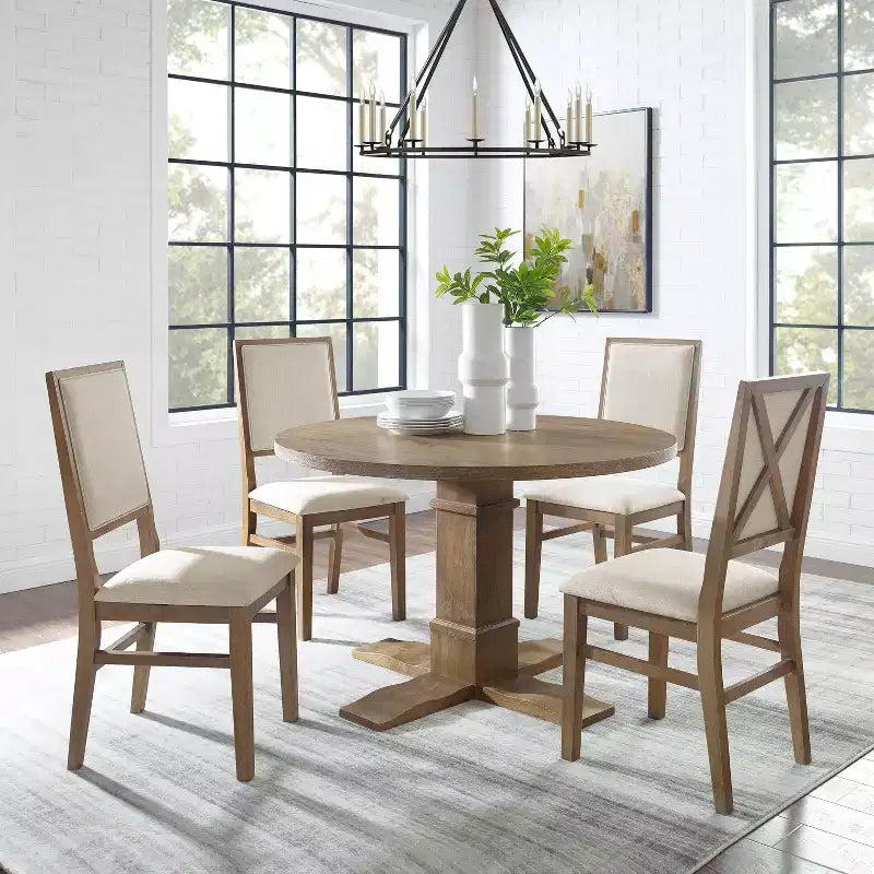 Set da pranzo rotondo Joanna 5 pezzi con 4 sedie con schienale imbottito marrone rustico - Crosley