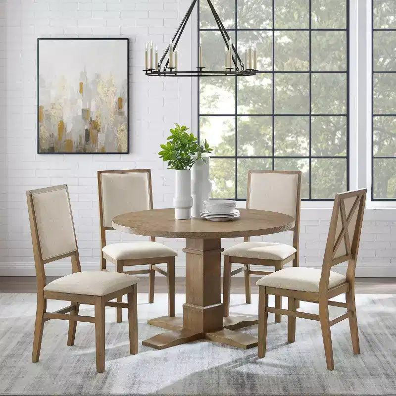 Set da pranzo rotondo Joanna 5 pezzi con 4 sedie con schienale imbottito marrone rustico - Crosley
