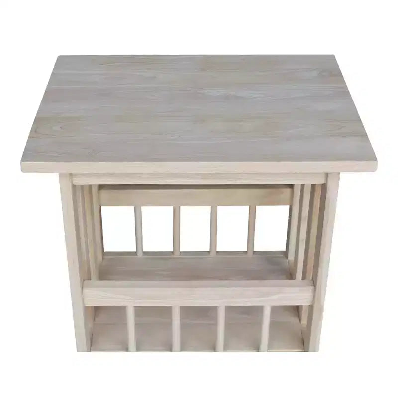 Tavolino in legno grezzo - : Struttura in legno massello, contenitore, gambe in legno, forma rettangolare, 23,2" di altezza
