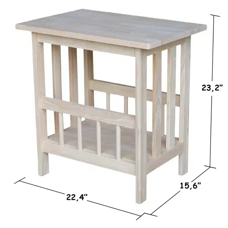 Tavolino in legno grezzo - : Struttura in legno massello, contenitore, gambe in legno, forma rettangolare, 23,2" di altezza
