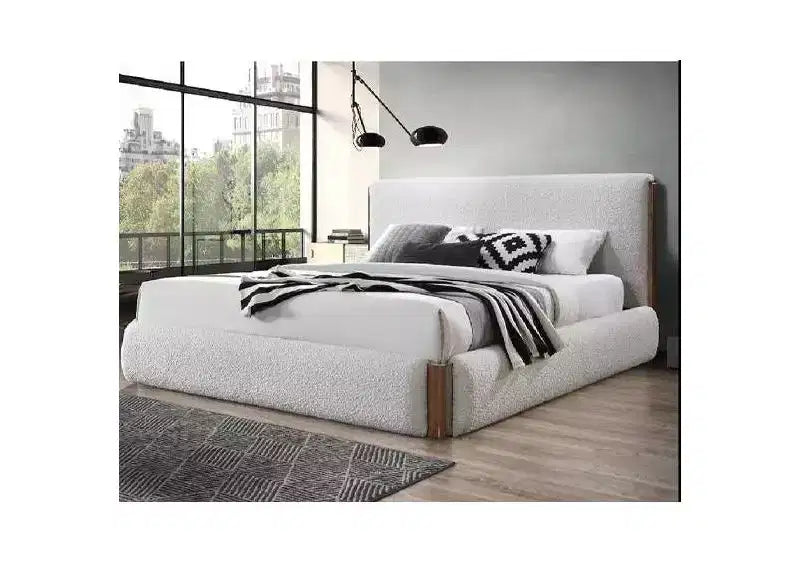 Letto Eastern King 88.98" Sandro con finitura in Bouclé Bianco e Noce - : Telaio in Legno Imbottito, Lino, Piattaforma