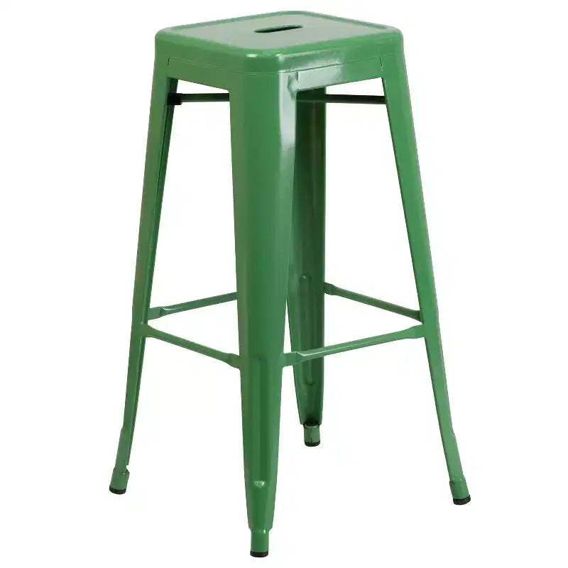 Set tavolo da bar rotondo da 30 per interni-esterni in metallo di grado commerciale Flash Furniture con 4 sgabelli senza schienale con sedile quadrato