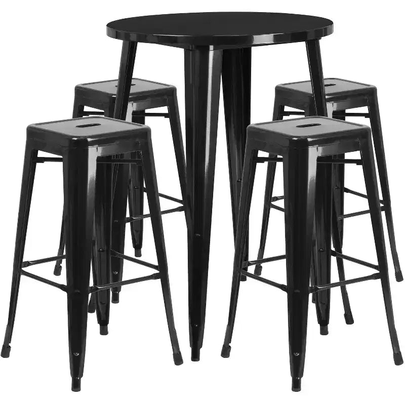 Set tavolo da bar rotondo da 30 per interni-esterni in metallo di grado commerciale Flash Furniture con 4 sgabelli senza schienale con sedile quadrato