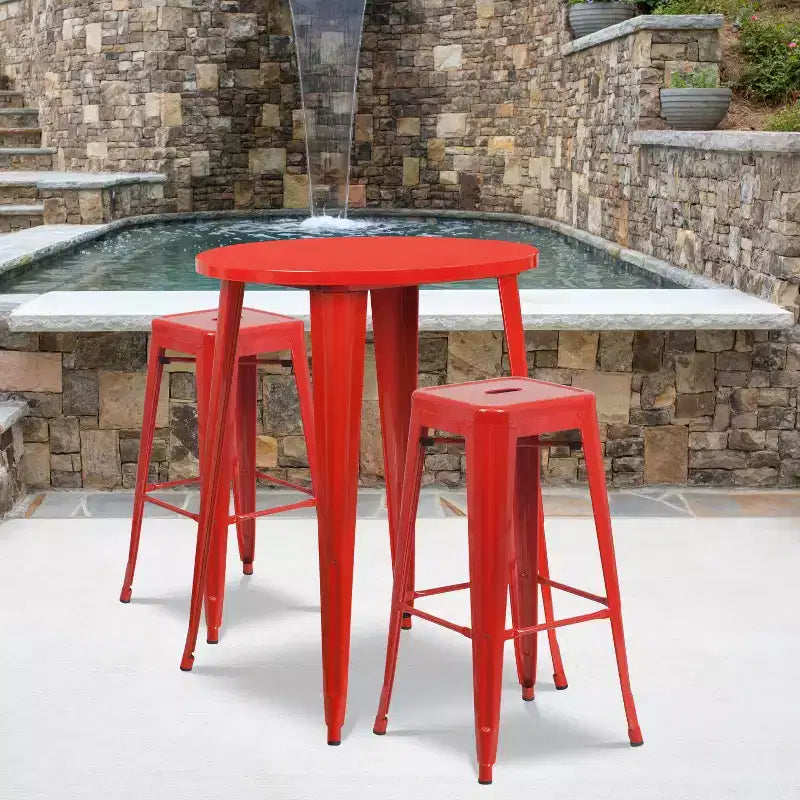 Flash Furniture Set Tavolo da Bar Rotondo 30" in Metallo per Interni-Esterni di Grado Commerciale con 2 Sgabelli Senza Schienale con Seduta Quadrata