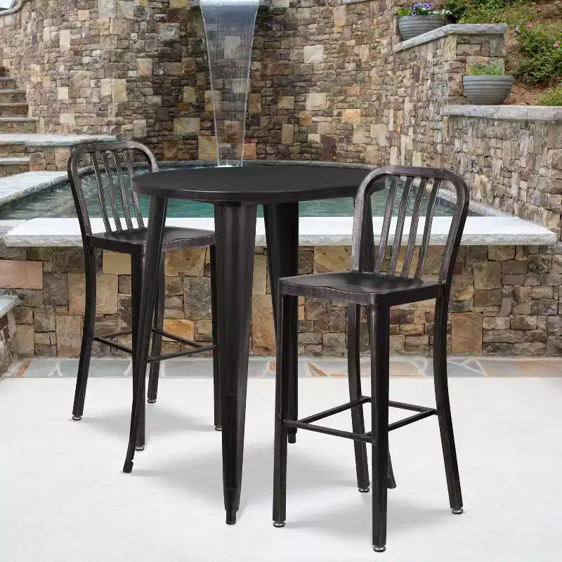 Flash Furniture Set Tavolo da Bar Rotondo in Metallo da 30 per Interni/Esterni di Grado Commerciale con 2 Sgabelli con Schienale a Doghe Verticali