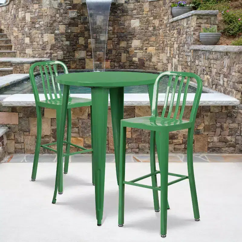 Flash Furniture Set Tavolo da Bar Rotondo in Metallo da 30 per Interni/Esterni di Grado Commerciale con 2 Sgabelli con Schienale a Doghe Verticali