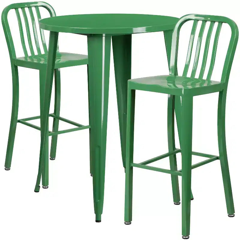 Flash Furniture Set Tavolo da Bar Rotondo in Metallo da 30 per Interni/Esterni di Grado Commerciale con 2 Sgabelli con Schienale a Doghe Verticali
